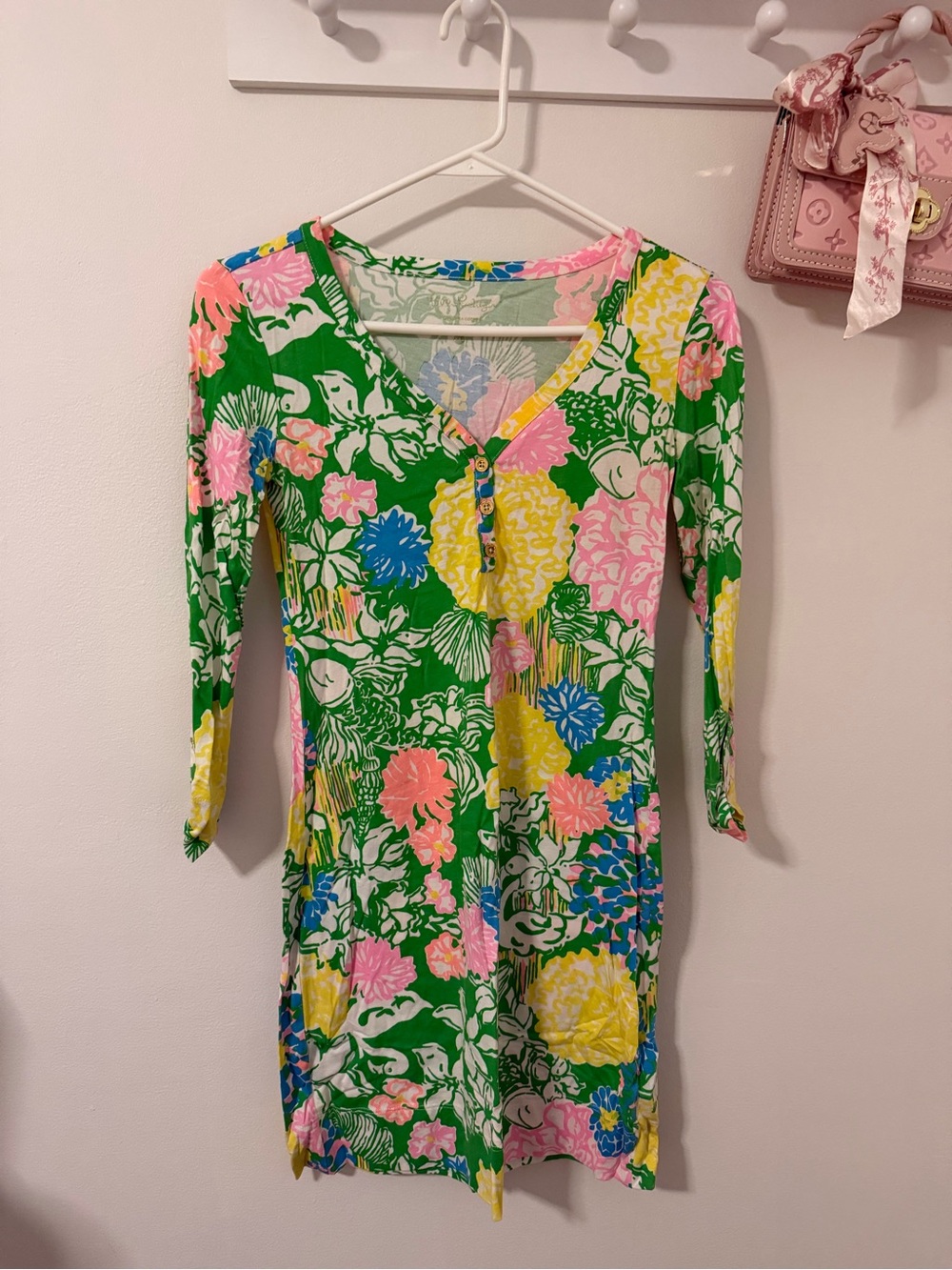 Lilly Pulitzer Green Floral Henley-Style Long Sleeve Dress